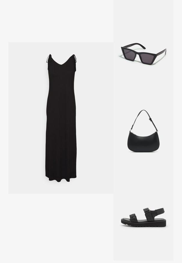 Even&Odd by Zalando Maxikjoler - black; Sorte platform sandaler med quiltede stropper, åben tå og justerbar ankelrem. Tekstureret gummisål med zigzag mønster for godt greb.; Sorte, kantede solbriller med grå linser; lavet af plast, med tykke stænger med en glat overflade og ingen synlig hardware.; Pieces PCALUANA SHOULDER BAG - Håndtasker - black