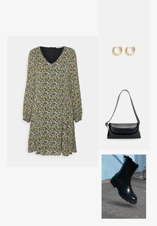 MSCH Copenhagen JAMELA RIKKELIE DRESS - Denné šaty - blue; Čierna kožená členková čižma s elastickými bočnými panelmi, zaoblenou špičkou a hrubou, texturovanou podrážkou. Hladké prevedenie s minimalistickým dizajnom.; Čierna kožená kabelka so štruktúrovaným tvarom, hladkou textúrou a jedným ramenným popruhom. Obsahuje jemný, zaoblený dizajn klapky.; Zlaté kruhové náušnice s hladkým, lesklým povrchom. S polkruhovým tvarom a bezpečným zapínaním na kolík.
