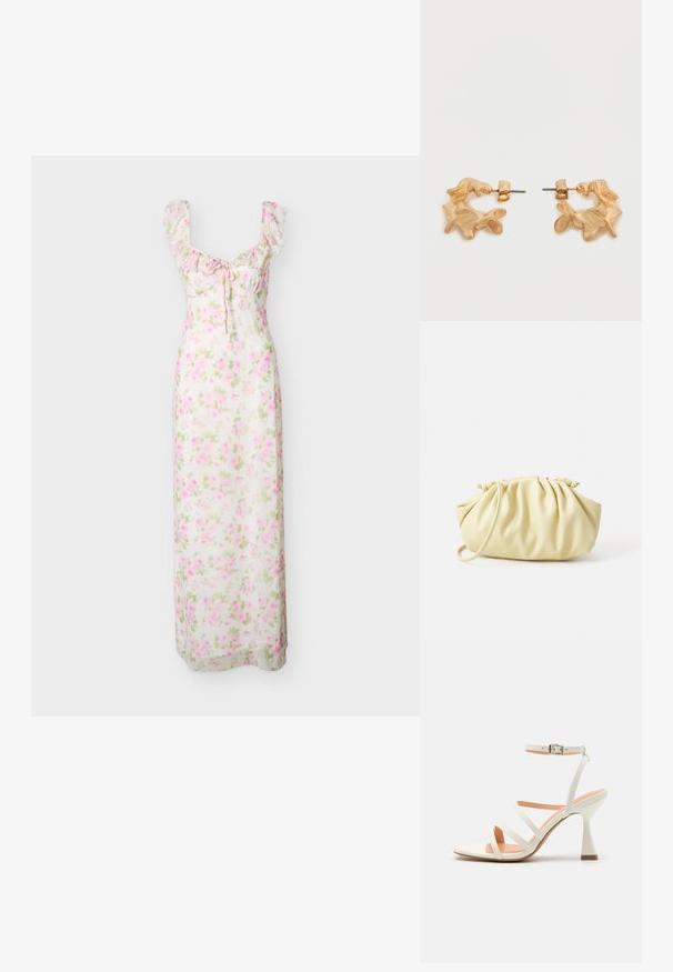 Robe longue blanche avec motif floral rose et vert, bretelles à volants et petit nœud sur le devant de l'encolure.; Sandale à talons hauts blanche à lanières avec une boucle à la cheville, texture lisse, bout carré et talon sculpté. Semelle intérieure beige clair.; Sac à main plissé jaune en simili cuir lisse, arborant une forme douce avec une bandoulière unique et un design froncé sur le dessus.; Boucles d'oreilles dorées avec une forme abstraite et organique, présentant une surface texturée et une fermeture à poussette.