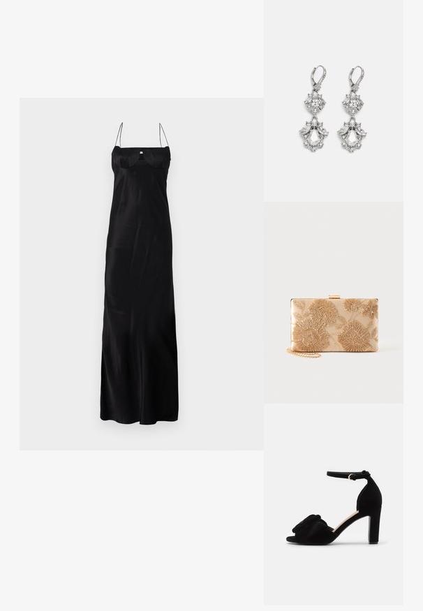 Anna October TULIP MAXI DRESS - Gallakjole - black; Sorte suede hæle sandaler med åben tå, der har en dekorativ knude akzent foran og en ankelrem med en guldbuckle.; Rektangulær beige clutchtaske med gyldent blomsterbroderi og en guldkæde-rem på en ensfarvet baggrund.; Sølvfarvede øreringe med flere klare krystalgemstones i dråbe- og marquiseformer, med låse med bøjlestik og detaljeret udsmykning.