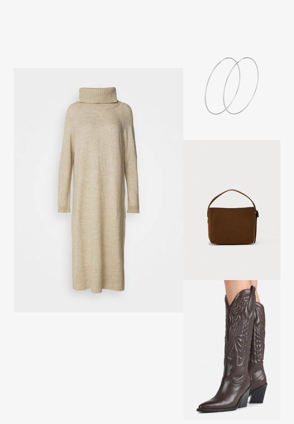 Beige, geripptes Turtleneck-Kleid aus weichem Strickmaterial. Hat lange Ärmel und reicht bis zur Mitte der Wade mit einem lockeren Schnitt.; Dunkelbraune knielange Leder-Cowboystiefel mit spitzen Zehen, dekorativen Nähten und schrägen Blockabsätzen, getragen von einer Person.; Braune rechteckige Schultertasche mit einem einzelnen breiten Griff und Schnallen-Detail, vor einem schlichten weißen Hintergrund.; Silberne Creolen mit minimalistischem Design. Rundform, glatte Oberfläche und dünnes Profil. Leichtgewichtig mit hochglänzender Oberfläche.