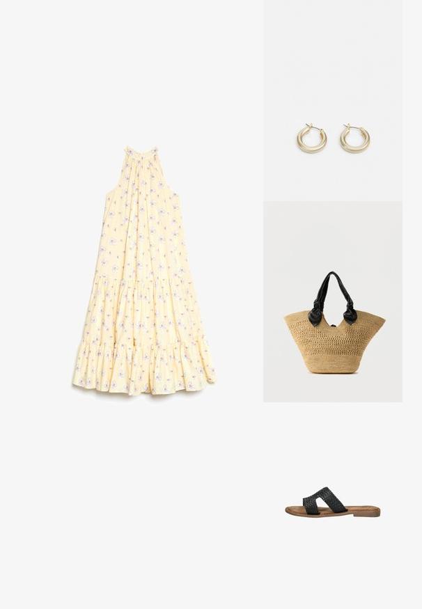 Vestido sin mangas de color amarillo claro con cuello halter y dobladillo con volantes en capas, decorado con un pequeño patrón floral en blanco y morado.; Sandalias deslizantes de cuero trenzado negro con dos correas superpuestas, plantilla acolchada color marrón claro y una suela delgada de goma marrón.; Bolso tote de paja trenzada con una forma ancha y triangular, asas de cuero negro anudadas y diseño de apertura superior. Color paja natural con textura.; Lauren Ralph Lauren BASIC SMALL HOOP - Pendientes - gold-coloured