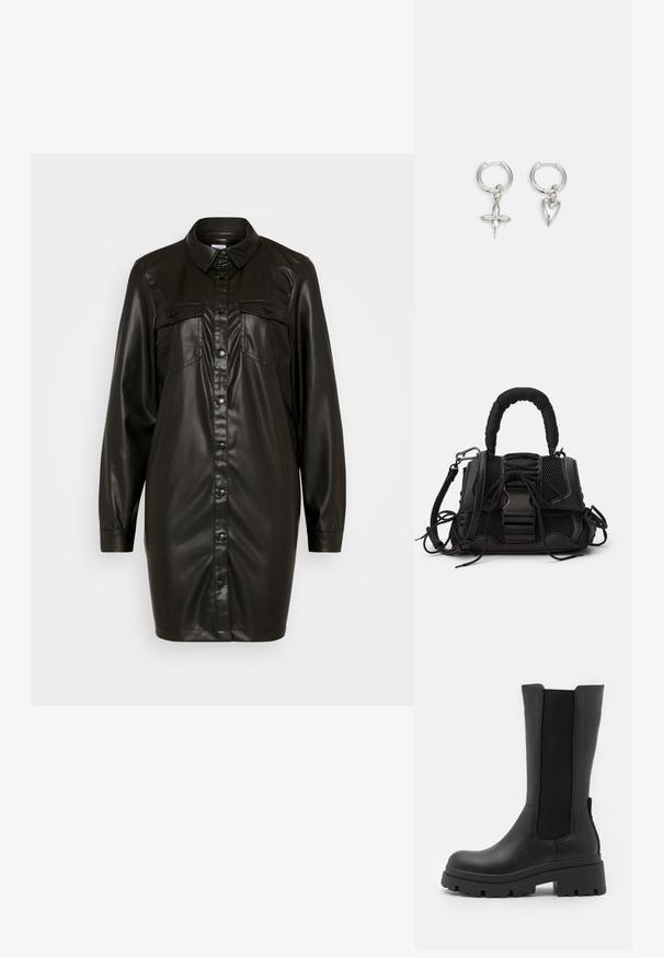 Vero Moda VMJENNIE SHORT DRESS - Robe chemise - black; ONLY SHOES ONLDOJA - Bottes à plateau - black; Sac à main noir avec un extérieur en maille, une poignée tissée et un laçage décoratif. Comprend une bandoulière amovible et des accents en matériel contrastants.; Boucles d'oreilles en argent en forme de cerceau avec un charme croix et cœur. Texture lisse et brillante avec une finition polie. Chaque charmepend d'une boucle sécurisée.