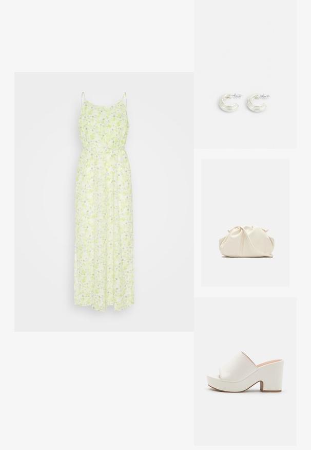 Selected SLFTERESA ANKLE STRAP DRESS - Maxikjoler - sharp green; Hvide platformmules med en glat overflade, åben tå-design og en kraftig hæl. Har en subtil overfladiskøm og en kontrastfarvet sål.; Blød, cremefarvet læder clutch taske med samlet, rynket design og en tynd skulderrem, der hviler foran på en ensfarvet baggrund.; Sølvfarvede øreringe i et snoet hoopsdesign, med en struktureret overflade og ribbet detaljer, sikret med en postlås.