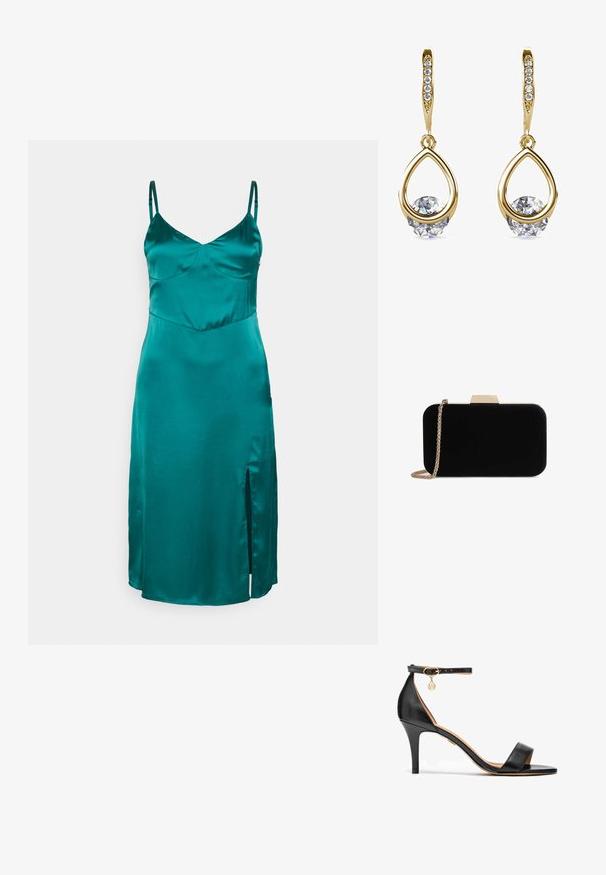 Hollister Co. Cocktailjurk - dark green solid; Zwarte leren hoge hak sandaal met een enkele band over de tenen, enkelband, gouden hardware en een slanke stiletto hak.; Zwarte fluwelen clutch met gouden hardware, rechthoekige vorm en kettingband, met een zachte textuur en zonder zichtbare patronen.; Gouden druppeloorbellen met ronde, heldere edelstenen aan de basis. Gelaagd bovenstuk met kleine, ronde accenten langs de ring.
