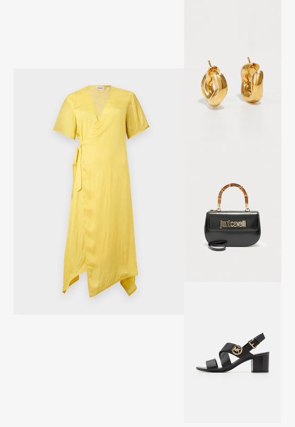 Vestido amarillo cruzado con mangas cortas, escote en V, lazo lateral y bajo asimétrico, presentado sobre un fondo liso y claro.; Sandalia de cuero negra con correas entrelazadas y un logo redondo de MK. El tacón es de altura media, proporcionando estabilidad y un diseño elegante.; Bolso de cuero negro con el logo dorado "Just Cavalli" en el frente y asa curvada de bambú, con una correa larga desmontable.; Pendientes de aro grueso en oro con un diseño tubular ligeramente retorcido y cierre de presión, sobre un fondo blanco.