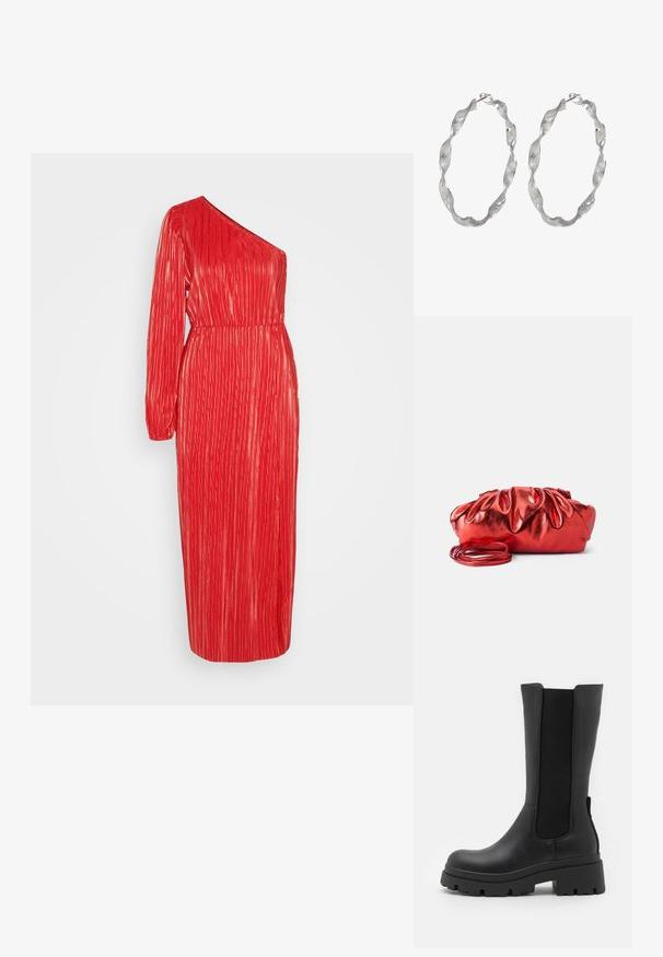 YAS YASODA MIDI DRESS - Jerseykjole - fiery red with gold; ONLY SHOES ONLDOJA - Plateaustøvler - black; Rød metallisk håndtaske med en samlet, puffy design. Har en lang, tynd skulderrem og en glat, blank tekstur.; Sølv hoop øreringe med et snoet design, der har en tekstureret overflade og en sikker lås. Letvægts og reflekterende med en glat finish.