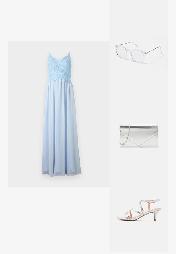 Vestido azul claro con un corsé de encaje y tirantes finos, con una falda fluida que llega hasta el suelo. Textura de tela suave.; Sandalia de tacón bajo con tiras plateadas, textura metálica, correa de tobillo ajustable y diseño de punta abierta. Plantilla lisa.; Gafas de montura redonda claras con lentes de plástico transparente y brazos de metal plateado. Diseño minimalista con detalles sutiles en la bisagra.; Bolso de mano metálico plateado con cierre de solapa, diseño tipo sobre y correa de cadena desmontable. Textura suave con costuras en ángulo.