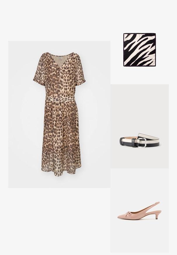 Løveprint kjole fremstillet af letvægtsstof, med V-hals, korte ærmer, elastisk talje og en svævende nederdel.; Patenteret pink slingback hæle med spids tå, sløjfedetalje foran og lav kittenhæl. Glat tekstur med en blank finish.; Kvadratisk silketørklæde med sort-hvide zebrastriber og en tynd pink kant, lagt fladt på en hvid baggrund.; Sort og hvidt læderbælte rullet sammen med en firkantet sølvmetalspænde på hvid baggrund.