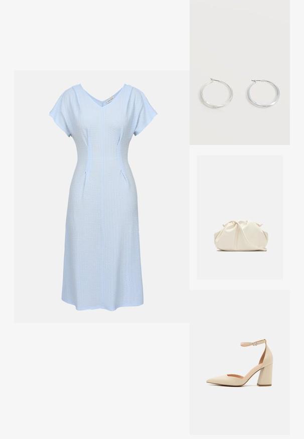 Anna Field by Zalando Vestido informal - blue; Zapato de tacón alto de charol beige con punta afilada, correa en el tobillo y tacón grueso. Textura suave con detalles de costura mínimos.; Bolso de mano de cuero suave de color crema con diseño fruncido y plisado y una delgada correa para el hombro que descansa delante sobre un fondo liso.; Pendientes de aro de metal plateado con superficie lisa y ligeramente curvada y cierre de tipo mosquetón sobre un fondo blanco liso.