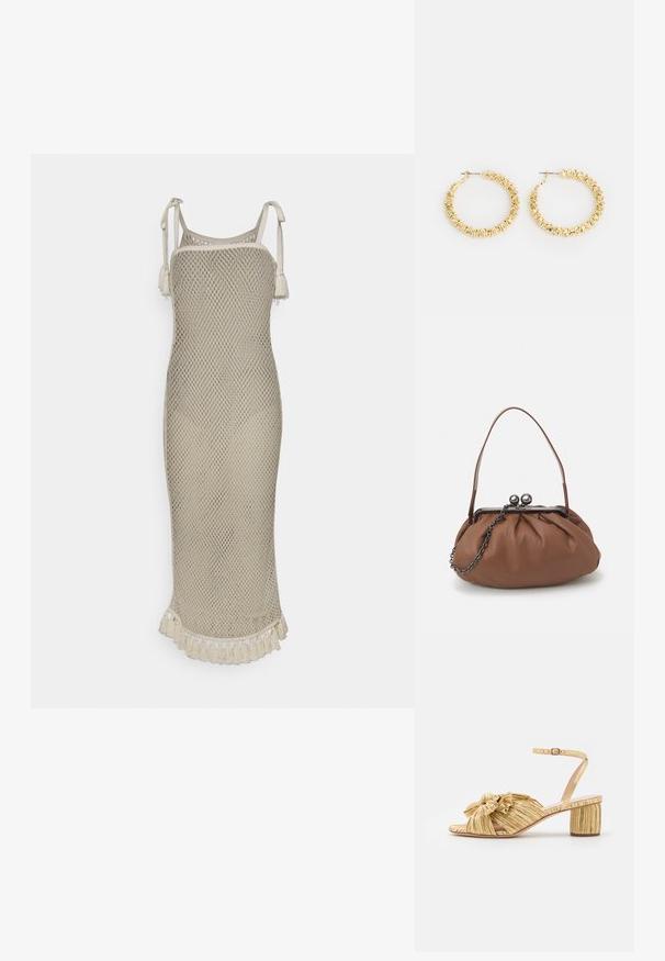 Cinq à Sept KERRY DRESS - Gebreide jurk - ivory; Gouden sandalen met hakken, voorzien van een textuur en geplooid ontwerp met een opvallende strikdetail. Enkelbandje met verstelbare gesp, medium blokhak.; Bruine leren handtas met een geplooid ontwerp, een korte leren handgreep en een kettinghengsel. Voorzien van een zilveren metalen sluiting met twee ronde accenten.; Gouden hoepeloorbelletjes met een gestructureerd oppervlak en kleine, ronde accenten. Ronde vorm en sluiting met een pin.