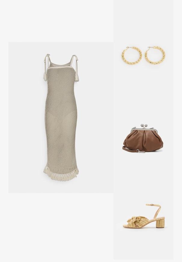Cinq à Sept KERRY DRESS - Strikkjoler - ivory; Gyldne hælede sandaler med en struktureret, plisseret design og en fremtrædende sløjfedetail. Ankelslynge med justerbar spænde, mellemstor blokhæl.; Weekend Max Mara PRATI - Clutches - cuoio; Guldøreringe med en struktureret overflade og små, rundede detaljer. Cirkulært design og stiftbaglukning.