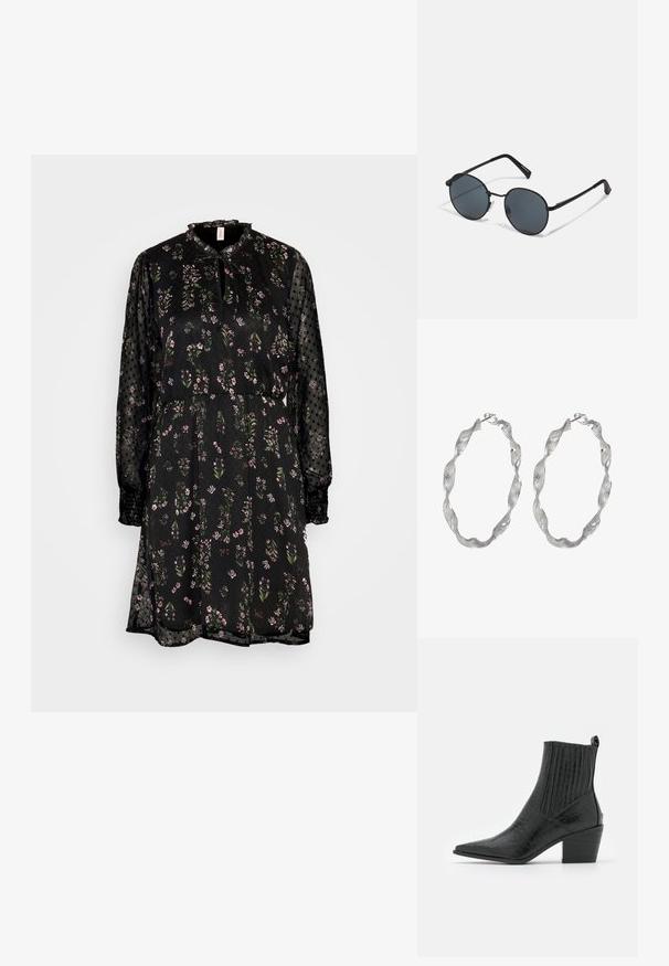 Schwarzes Blumenkleid mit transparenten gepunkteten Ärmeln, gerafft in der Taille, mit einem Schlüsselaugen-Ausschnitt und zarten grünen und rosa Blumenmustern.; RAID ROCCO - Cowboy-/Bikerstiefelette - black; Schwarze Metal-Sonnenbrille mit runden Gläsern, dunkler Tönung, schlanken Bügeln und verstellbaren Nasenpolstern, mit einem minimalistischen Design und ohne sichtbares Branding.; Silberne Creolen mit einem verdrehten Design, das eine strukturierte Oberfläche und einen sicheren Verschluss aufweist. Leicht und reflektierend mit einer eleganten Oberfläche.