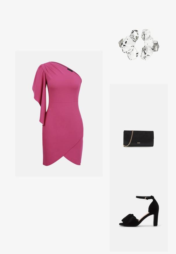 Fuchsia pink one-shoulder kjole med draperet ærme på venstre side og omslagsstil asymmetrisk kant.; Sorte suede hæle sandaler med åben tå, der har en dekorativ knude akzent foran og en ankelrem med en guldbuckle.; Sort clutch taske lavet af ruskind med en struktureret overflade, udstyret med en guld kædestrop og et elegant, kantet design.; Klynge af seks uregelmæssigt formede, gennemsigtige og reflekterende glaslignende stykker arrangeret på en hvid baggrund.