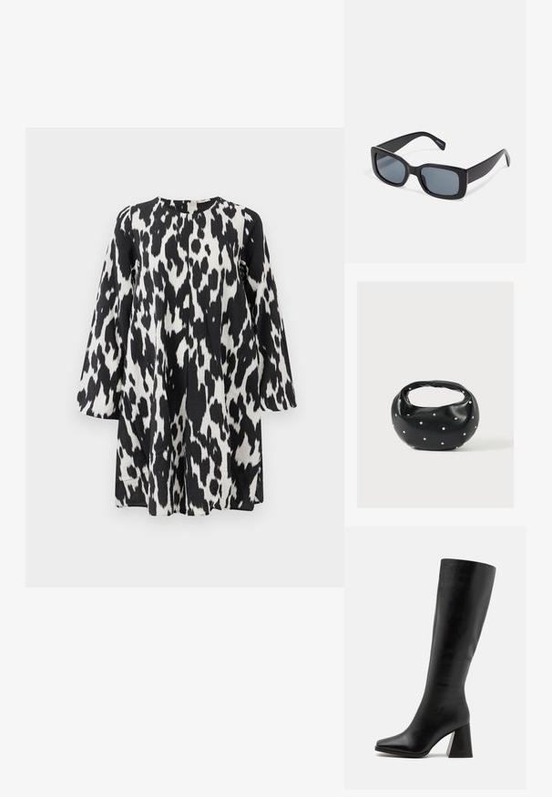 Robe noire et blanche avec un imprimé léopard audacieux, à manches longues et silhouette droite, faite de tissu texturé.; Cuissardes noires en cuir lisse, avec un bout carré et un talon épais et texturé. Design simple et épuré.; Lunettes de soleil rectangulaires noires avec des verres teintés foncés, monture en plastique épaisse et branches larges. Surface lisse et design angulaire.; Sac à main en cuir noir de forme arrondie, décoré de clous argentés et équipé d'une poignée courte. Texture lisse et fermeture éclair.