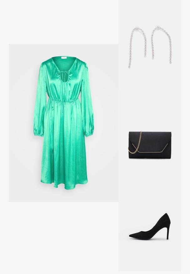 VILA VIPETIA V NECK MIDI DRESS - Vestido de cóctel - green bee; Zapato de tacón alto de ante negro con punta afilada, textura suave y tacón de aguja delgado. Diseño clásico con una silueta elegante.; Bolso de mano negro con una textura suave, que presenta una cadena dorada y un cierre de solapa geométrica delineado en dorado.; Pendientes de plata con cadenas colgantes, adornados con múltiples piedras preciosas transparentes dispuestas en un patrón lineal, que ofrecen un efecto deslumbrante.