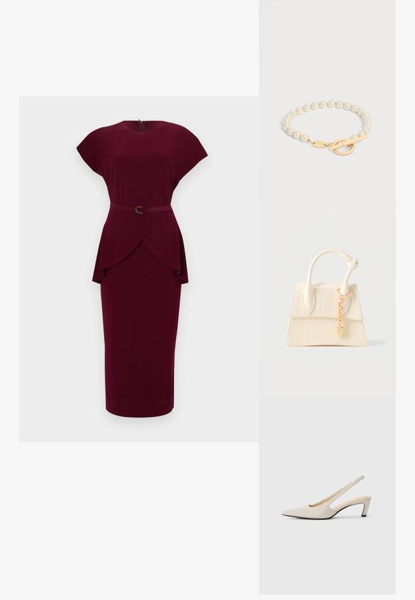 Vinrød figursyet kjole med korte ærmer, rund halsudskæring, peplum-detalje ved taljen og bælte med en rund spænde. Fremstillet af glat stof.; Beige slingback-hæle med spids tå, åbne sider og lille blokhæl. Glat læderstruktur og minimalistisk design.; Lille cremefarvet håndtaske med topstrop, knudedetalje og guldkæde-charme på en ensfarvet lys baggrund.; Armbånd med hvide runde perler og en guldtoggle-lås lagt fladt på en hvid overflade.