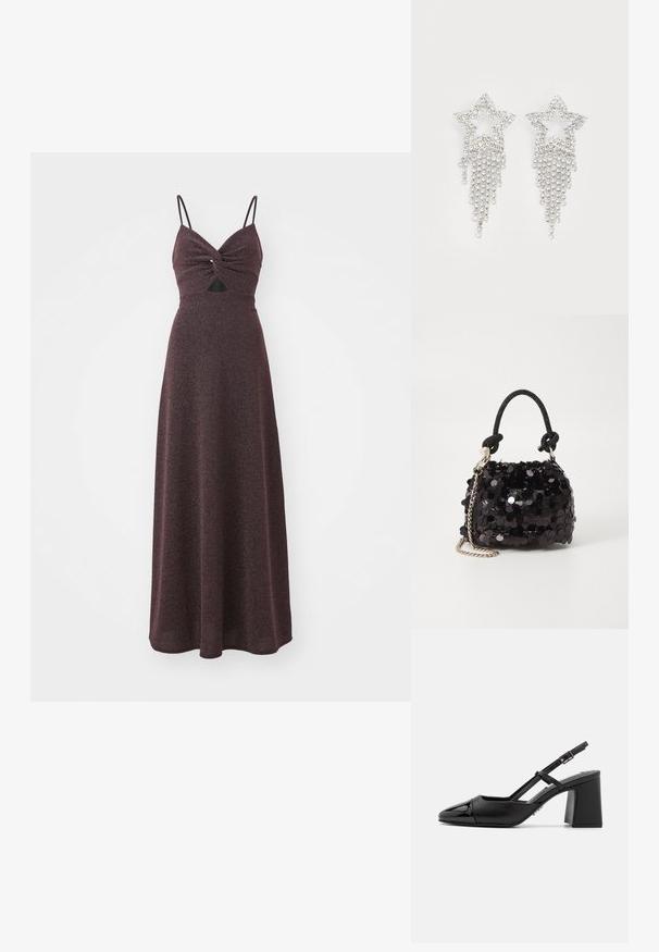 Robe longue bourgogne avec un corsage ajusté, détail avant torsadé, fines bretelles réglables et une jupe fluide texturée. Comprend une petite découpe.; Escarpin en cuir verni noir à talon bloc avec un bout pointu et une bride réglable. Texture lisse et design minimaliste.; Mini sac à main en sequins noirs avec une bandoulière texturée nouée et une chaîne argentée. Forme arrondie avec un haut froncé et des détails réfléchissants.; Boucles d'oreilles en strass en forme d'étoile avec des détails de franges en cascade, présentant une teinte argentée et une surface brillante et réfléchissante. Forme d'étoile avec un design complexe.