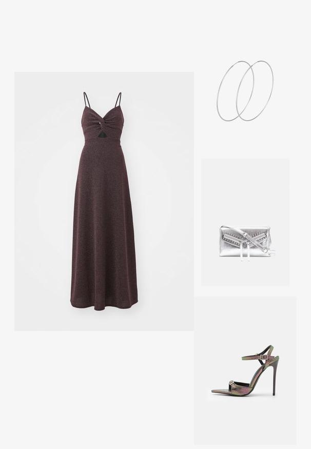 Largo vestido burdeos con un corsé ajustado, detalle de delante torcido, tirantes delgados y ajustables, y una falda suelta y texturizada. Incluye un pequeño corte.; Sandal de tacón alto con un estampado de serpiente texturizado y multicolor. Presenta correas de tobillo ajustables y un diseño de punta afilada.; Bolso de mano metálico plateado con dos bolsillos con cremallera, adornos de tachuelas y una correa de hombro ajustable. Textura suave con un diseño elegante.; Pendientes de aro plateados con un diseño minimalista. Forma circular, textura suave y perfil delgado. Livianos con un acabado pulido.