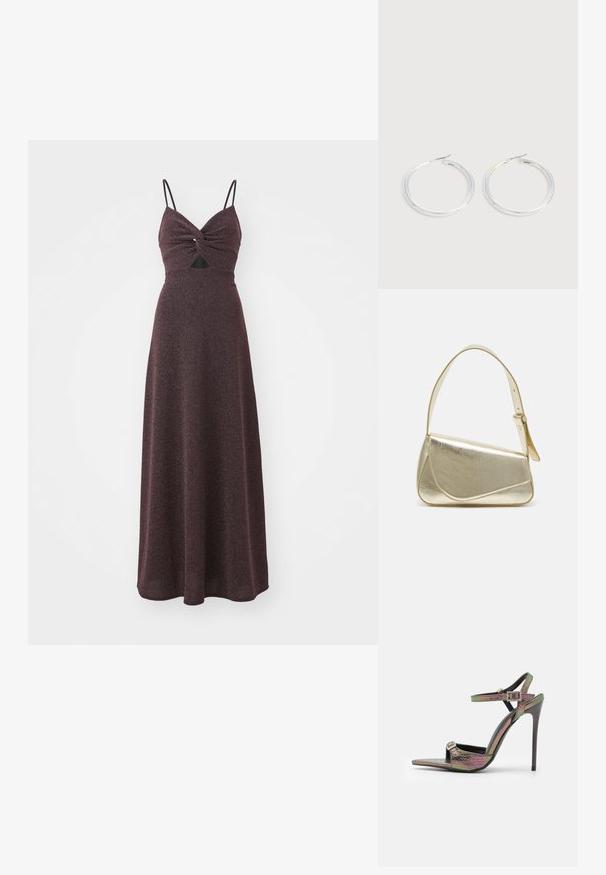 Robe longue bourgogne avec un corsage ajusté, détail avant torsadé, fines bretelles réglables et une jupe fluide texturée. Comprend une petite découpe.; Sandale à talons hauts avec un imprimé serpent texturé multicolore. Dotée de brides de cheville réglables et d'un design à bout pointu.; Sac à main en métal doré avec un design structuré, texture lisse et bandoulière ajustable. Présente une forme triangulaire unique et des coutures minimalistes.; Paire de boucles d'oreilles créoles argentées brillantes avec fermoirs en fil fin, présentée sur un fond gris clair.
