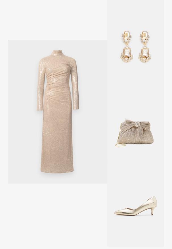 Lang, tætsiddende kjole i en lys beige farve, lavet af pailletstof. Har høj hals og lange ærmer med sammenkrøllet detaljering.; Metallic guld højhælede pumps med spids tå, slank hæl, glat tekstur og minimale syninger på overdelen.; Metallic guld clutch taske med plisseret stof, der har en sløjfedetalje øverst og en gylden kædetras for alsidighed og nem bæring.; Guldtonede dråbeøreringe med store rektangulære og runde klare krystaller samt mindre accentsten, der skaber et lagdelt design.