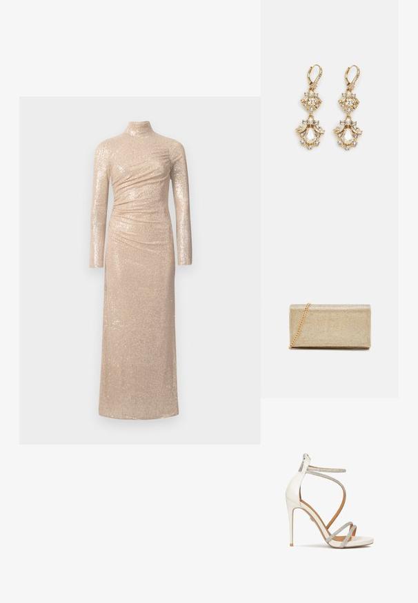 Un vestido largo y ajustado de un color beige claro, hecho de tela con lentejuelas. Presenta un cuello alto y mangas largas con detalles fruncidos.; Sandalia de tacón alto blanca con brillantes tiras plateadas, punta abierta y cierre de cremallera en la parte trasera. Textura suave, diseño elegante y tacón puntiagudo.; Clutch metálico dorado con una superficie texturizada, que cuenta con una correa de cadena y una forma rectangular, diseñado para uso nocturno.; Pendientes colgantes en tono dorado con un diseño de racimo que incluye cristales claros en forma redonda y de lágrima, mostrando un detallado intrincado.