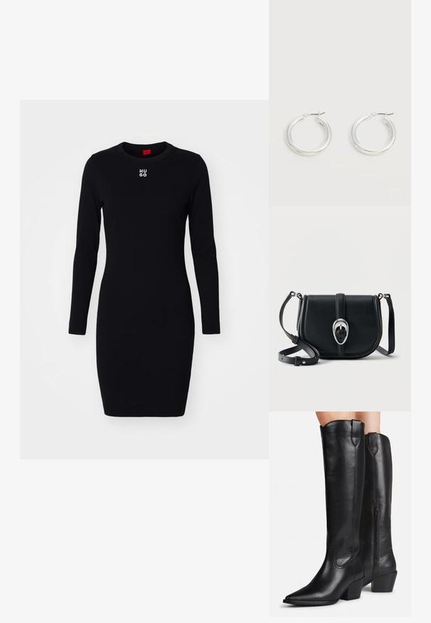 Schwarzes langärmeliges Kleid aus weichem, dehnbarem Stoff. Mit Rundhalsausschnitt und weißem "HUGO"-Logo auf der Brust. Figurbetontes Design.; Hohe schwarze Lederstiefel mit spitzen Zehen, Blockabsätzen und seitlichen Reißverschlüssen, getragen an Beinen vor hellem Hintergrund.; Schwarze Leder-Umhängetasche mit strukturierter Oberfläche, silberner ovaler Schnalle und verstellbarem Riemen vor weißem Hintergrund.; Paar mittelgroße glänzende silberne Hoop-Ohrringe mit dünnen Metallverschlüssen auf hellem neutralem Hintergrund.