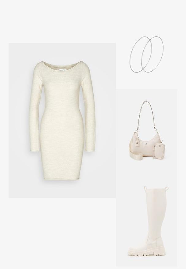 Even&Odd by Zalando Etuikleid - grey; Knöchelhohe weiße Gummistiefel mit einer robusten Sohle und elastischen seitlichen Einsätzen. Verfügt über Zuglaschen an der Oberseite für leichteres Anziehen. Glatte Textur.; Beige Lederhandtasche mit einer geschwungenen Form, Kettenriemen, silberner Hardware und abnehmbarem kleinem Täschchen. Texturiertes Band mit Logo-Muster.; Silberne Creolen mit minimalistischem Design. Rundform, glatte Oberfläche und dünnes Profil. Leichtgewichtig mit hochglänzender Oberfläche.