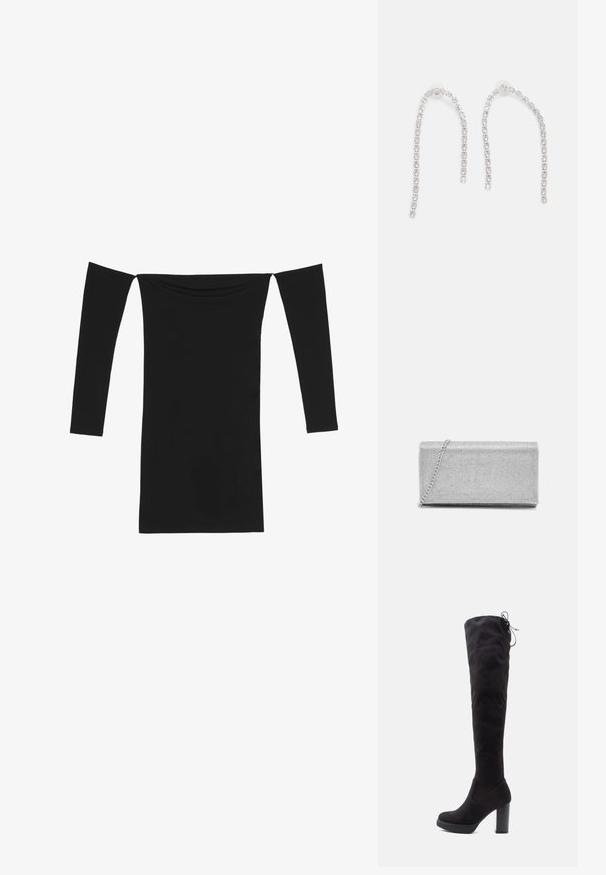 Even&Odd by Zalando Robe de soirée - black; Bottes noires au-dessus du genou en suede doux, avec un talon épais, une semelle plateforme et un détail en lacets en haut pour un ajustement réglable.; Pochette en métal argenté avec un design en maillage tissé, de forme rectangulaire, et une chaîne pour le transport. Texture lisse et finition polie.; Boucles d'oreilles en argent avec des chaînes pendantes, présentant plusieurs pierres précieuses claires disposées en motif linéaire, offrant un effet scintillant.
