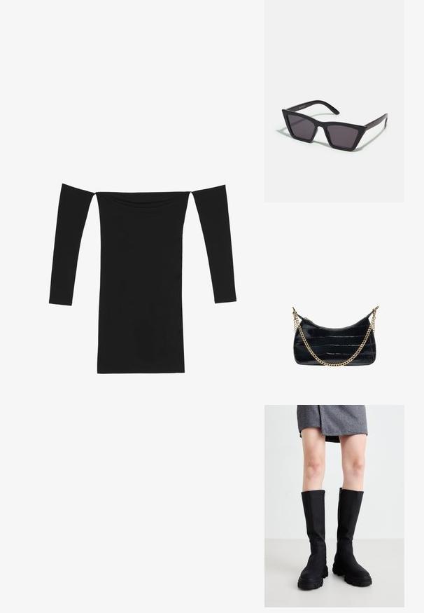 Even&Odd by Zalando Cocktailkjole / festkjole - black; Sorte knæhøje støvler med en glat overflade, kraftige såler og en diskret lynlås på siden. Stilfuldt parret med en grå herringbone nederdel.; Sorte, kantede solbriller med grå linser; lavet af plast, med tykke stænger med en glat overflade og ingen synlig hardware.; Sort håndtaske med krokodilletekstur, gyldent kædderem og toplynlås på hvid baggrund.
