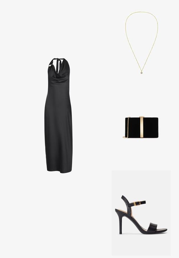 Robe longue en satin noir à col licou avec encolure drapée et fermeture nouée dans le dos.; Sandales à talons hauts noires avec un dessus en cuir lisse, bout ouvert et un design à une seule sangle agrémenté d'une boucle en or.; Pochette en velours noir avec un accent en métal doré au centre, dotée d'une chaîne et d'une forme rectangulaire élégante.; Collier délicat en chaîne d'or avec un petit pendentif rond avec une pierre précieuse claire au centre.