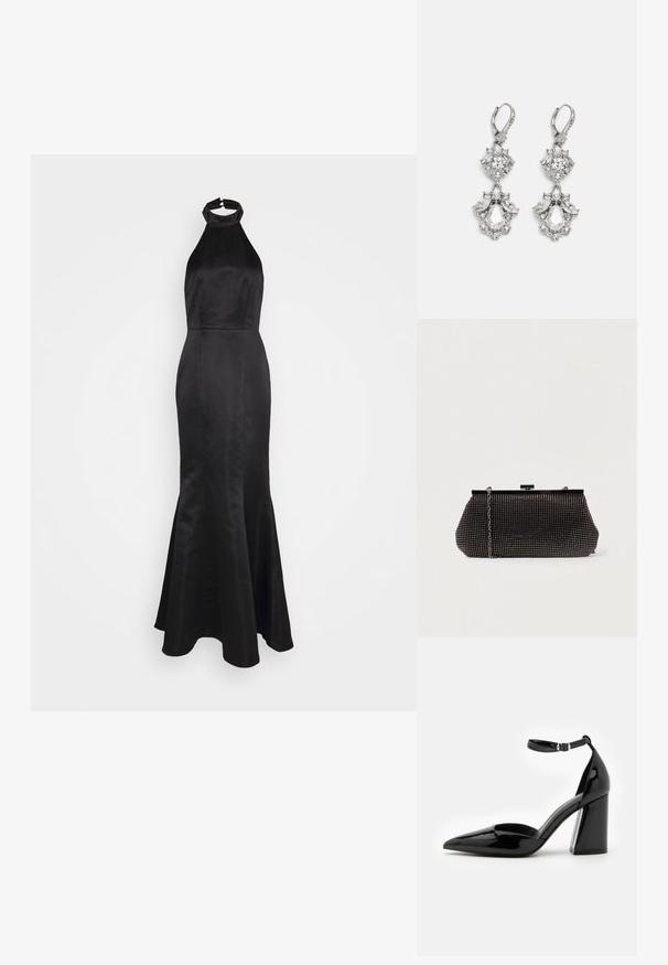 Jarlo Tall TRELLA - Vestido de fiesta - black; Zapato de tacón alto de charol negro con punta afilada, correa en el tobillo y ancho tacón bloque para mayor estabilidad, con una textura suave y brillante.; Bolso de mano negro de malla con una silueta estructurada, adornado con pequeños tachuelas metálicas, que cuenta con un cierre de broche y una correa de cadena desmontable.; Pendientes de tono plateado que presentan múltiples piedras de cristal transparente en formas de lágrima y marquesa, con cierres de palanca y un detallado intrincado.