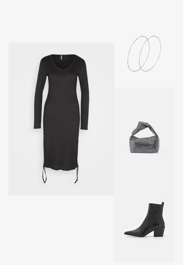 Pieces PCBENDY RUCHING DRESS - Hverdagskjole - black; RAID ROCCO - Cowboy- / bikerstøvlette - black; Sorte og sølv håndtaske med en tekstureret overflade, der har et diamantmønster, en knyttet håndtag og en struktureret form.; Sølvøreringe med et minimalistisk design. Cirkulær form, glat tekstur og tynd profil. Letvægtige med en poleret overflade.