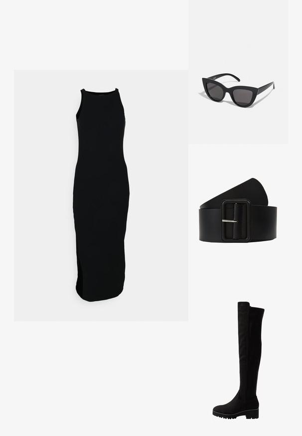 Schwarzes, geripptes Maxikleid mit ärmellosem Design, das über einen hohen Kragen und einen seitlichen Schlitz verfügt, um die Bewegungsfreiheit zu erleichtern.; Schwarze Overknee-Stiefel aus weichem Wildleder mit flacher Sohle, abgerundetem Zehenbereich und elastischen Seiteneinsätzen für ein einfaches An- und Ausziehen.; Schwarze Cat-Eye-Sonnenbrille mit matter Oberfläche, grauen getönten Gläsern, scharfen Kanten und schlanken Bügeln. Der Markenname ist auf dem inneren Bügel sichtbar.; Schwarzer Ledergürtel mit einer rechteckigen silbernen Schnalle, glatter Textur und zulaufendem Ende. Das Design ist einfach und funktional.