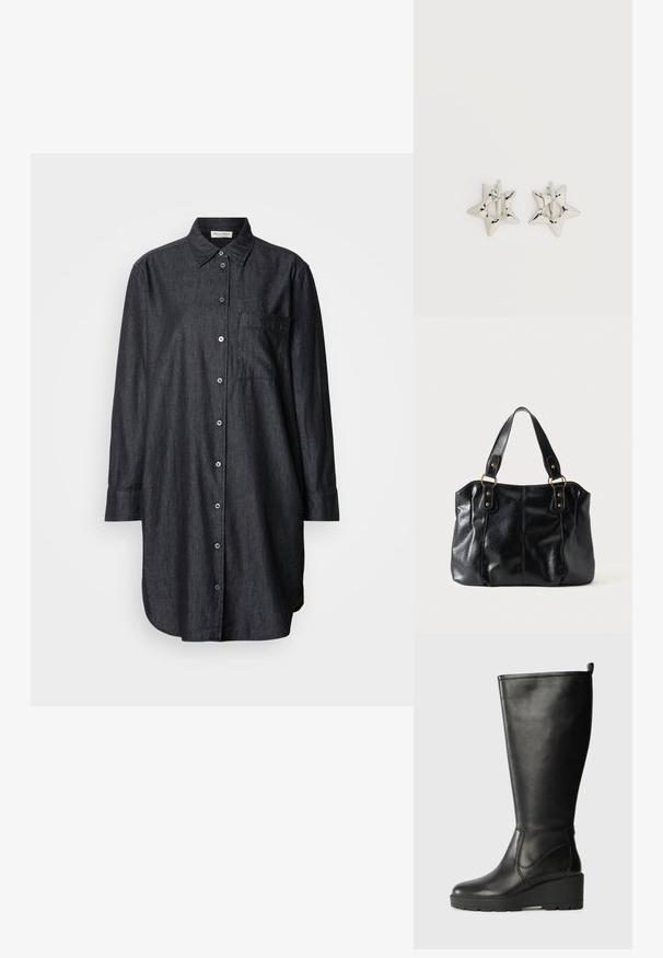 Dunkelblauses Denim-Hemd mit durchgehender Knopfleiste, spitzem Kragen, langen Ärmeln, einer Brusttasche und abgerundetem Saum. Glatte Textur.; Schwarze Lederstiefel bis zum Knie mit Keilsohle, glatter Textur, nahtlosem Design und einem kleinen Ziehband oben für einfaches Anziehen.; Schwarze Leder-Schultertasche mit doppelten Trägern, befestigt durch goldene Ringe und Nieten, glatte und leicht glänzende Oberfläche, schlichtes Design.; Silberne, sternförmige Creolen mit einer glatten, polierten Oberfläche auf weißem, schlichtem Hintergrund.