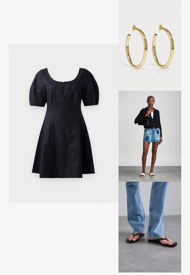 Vestido de algodón negro con mangas abombadas, escote redondeado y cuerpo ajustado que se transforma en una falda en A. Color sólido, textura suave.; Chanclas negras con una amplia correa en forma de V, hechas de goma. Llevadas con jeans rectos de color azul claro, que muestran un denim texturizado.; Cárdigan negro de punto, blusa blanca, falda de mezclilla con patrón de diamantes en azul y negro, bolso negro y sandalias deslizantes beige.; Pendientes de aro de oro con un diseño suave y redondeado. Superficie pulida y cierre trasero seguro. Miden aproximadamente 2 pulgadas de diámetro.