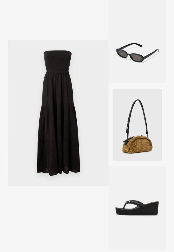 Zwarte strapless maxi-jurk van getextureerde stof, met een smock-bodice en gelaagde roksecties, die een vloeiende silhouet biedt.; Zwarte wedge-sandalen met een geweven bandontwerp, voorzien van een textuur en een comfortabele zool. Geen zichtbare merknaam of versieringen.; Even&Odd Zonnebril - black; Kleine tan gevlochten handtas met gebogen vorm, zwarte verstelbare leren band en zilveren ritssluiting.