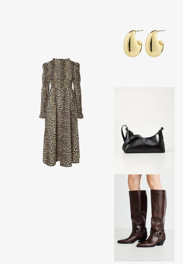 Leopardprint lange mouw jurk met een gesmokte lijfje, hoge halslijn en vloeiende silhouet. Gemaakt van zachte, lichte stof.; RAID NEVIS - Cowboy-/Bikerlaarzen - brown; Zwarte leren handtas met een gladde textuur. Beschikt over een verstelbare schouderband en een strak, minimalistisch ontwerp met een ritssluiting.; Gouden studs met een gladde, gepolijste afwerking, in een abstracte, druppelvorm. Eenvoudige metalen achterzijde voor bevestiging.