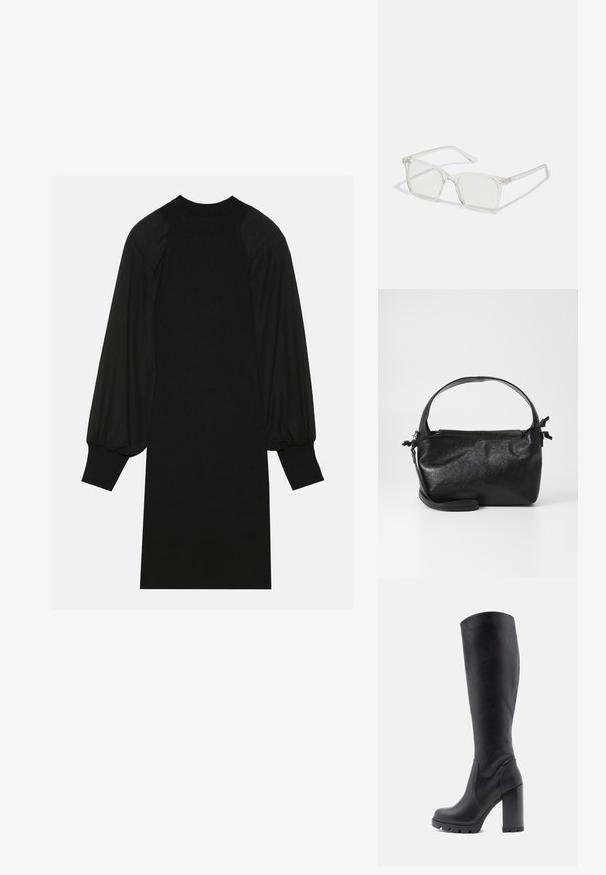Robe noire en tissu côtelé avec des manches bouffantes et un col haut. La silhouette est droite et s'arrête au genou.; Botte noire montante, en cuir lisse, avec un talon épais, un bout rond, une semelle texturée avec adhérence, au design élégant sans embellissements.; Lunettes carrées en plastique transparent avec des verres translucides, dotées d'accents dorés sur les branches pour plus de détails.; Sac à main en cuir noir au design structuré, avec une poignée arrondie et une bandoulière amovible. Présente une texture lisse et un éclat subtil.