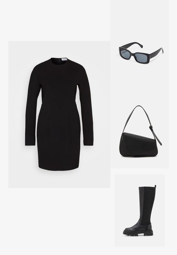 Calvin Klein Freizeitkleid - black; Schwarze kniehohe Stiefel mit einer glatten Lederfront und einem strukturierten Stoffrücken, ausgestattet mit einer kräftigen, genoppten Sohle und einer Zuglasche für ein einfaches Anziehen.; Schwarze rechteckige Sonnenbrille mit dunkel getönten Gläsern, dickem Kunstrahmen und breiten Bügeln. Glatte Oberfläche und kantiges Design.; Schwarze Lederhandtasche mit dreieckiger Form, schrägem Klappdeckel und rundem Oberhandgriff. Verfügt über eine glatte Textur und minimalistische Designdetails.