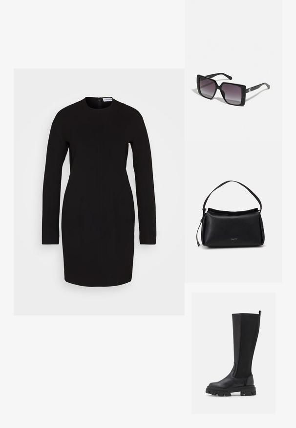 Calvin Klein Jurk - black; Zwarte kniehoge laarzen met een soepele leren voorkant en een gestructureerde stoffen achterkant, voorzien van een chunky geprofileerde zool en een lusje voor gemakkelijk aan- en uittrekken.; Zwarte vierkante zonnebrillen met gradiënt grijze lenzen. Glanzende monturen met strakke lijnen. Zilveren logo-accent op de veren.; Zwarte leren handtas met een gebogen vorm, een enkele schouderband en een ritsluiting aan de bovenkant. Heeft een subtiel logo aan de voorkant voor branding.