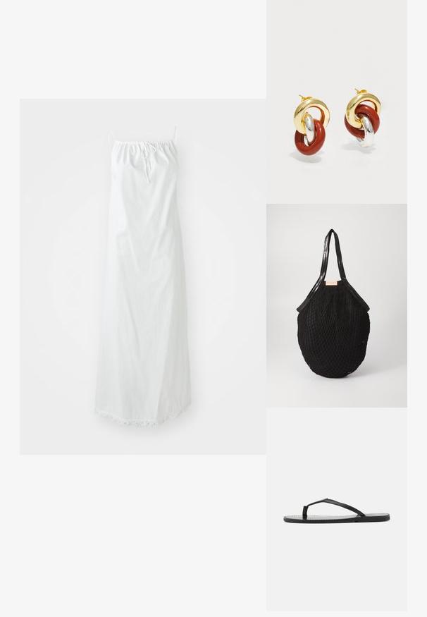 Witte katoenen maxi-jurk met verstelbare spaghettibandjes, geplooide halslijn en geschulpte zoomdetails. Gladde textuur en vloeiende ontwerp.; Zwarte teenslippers met een minimalistisch ontwerp, voorzien van dunne banden en een platte zool. Het materiaal lijkt op plastic met een gladde textuur.; Zwarte geweven tas met een ovale vorm, voorzien van gladde handvatten en een gestructureerd netachtig ontwerp. Etiket zichtbaar aan de zijkant.; Gouden en zilveren metalen oorbellen met ineengestrengelde lussen, waarbij één lus een glanzende rode afwerking heeft en een gepolijste textuur.
