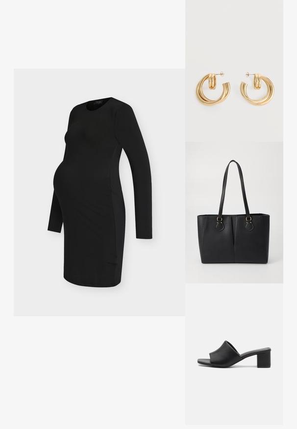 Robe de grossesse noire à manches longues, longueur genou, silhouette ajustée et col rond sur un fond blanc uni.; Mules à talons carrés en cuir noir avec un bout ouvert, présentant une surface lisse et un upper légèrement courbé pour le confort et le style.; Sac fourre-tout noir en simili cuir avec une finition texturée, deux longues poignées et des accents en métal doré sur le côté. Shape rectangulaire.; Paire de boucles d'oreilles créoles doubles en or brillant avec attaches à tige sur fond blanc.