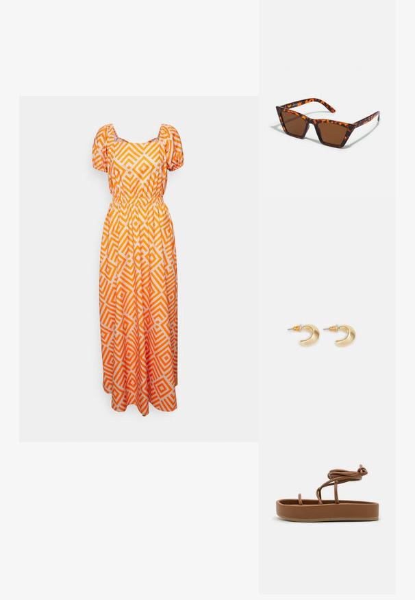 Colourful Rebel XIA SQUARES PUFF SLEEVE DRESS - Μάξι φόρεμα - bright orange; Ilio Smeraldo PRITIKA - Σανδάλια - cinnamon; Καφέ ηλιακά γυαλιά με σχέδιο καμουφλάζ χελώνας, γωνιακό σκελετό και λεπτά μπράτσα. Ελαφρύ πλαστικό υλικό.; Χρυσά σκουλαρίκια σε σχήμα ημισέληνου με λεία επιφάνεια, που διαθέτουν πορτοκαλί λεπτομέρειες κοντά στον κρίκο και ασημένια εξαρτήματα.