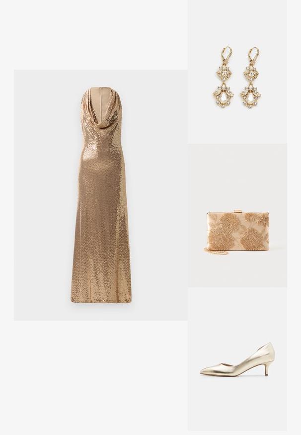 Gul paljet aftenkjole med draperet halsudskæring og tætsiddende silhuet. Gulvlængde design med lysende tekstur og en slids i siden.; Metallic guld højhælede pumps med spids tå, slank hæl, glat tekstur og minimale syninger på overdelen.; Rektangulær beige clutchtaske med gyldent blomsterbroderi og en guldkæde-rem på en ensfarvet baggrund.; Guldtonede chandelierøreringe med en klynge-design, der har runde og tårnformede klare krystaller, der fremhæver detaljerne.