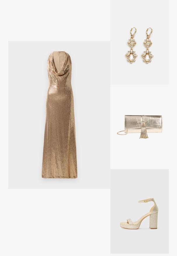 Robe de soirée en sequins dorés avec un décolleté drapé et une silhouette ajustée. Design à longueur de sol avec une texture scintillante et une fente sur le côté.; Sandale à talons hauts en plateforme dorée pailletée avec une bride à la cheville et une boucle sur fond blanc.; Pochette métallique dorée brillante avec fermeture à rabat, pompon décoratif et bandoulière chaîne dorée sur fond blanc.; Boucles d'oreilles pendantes dorées présentant un design en grappe avec des cristaux clairs ronds et en forme de goutte, mettant en valeur des détails élaborés.
