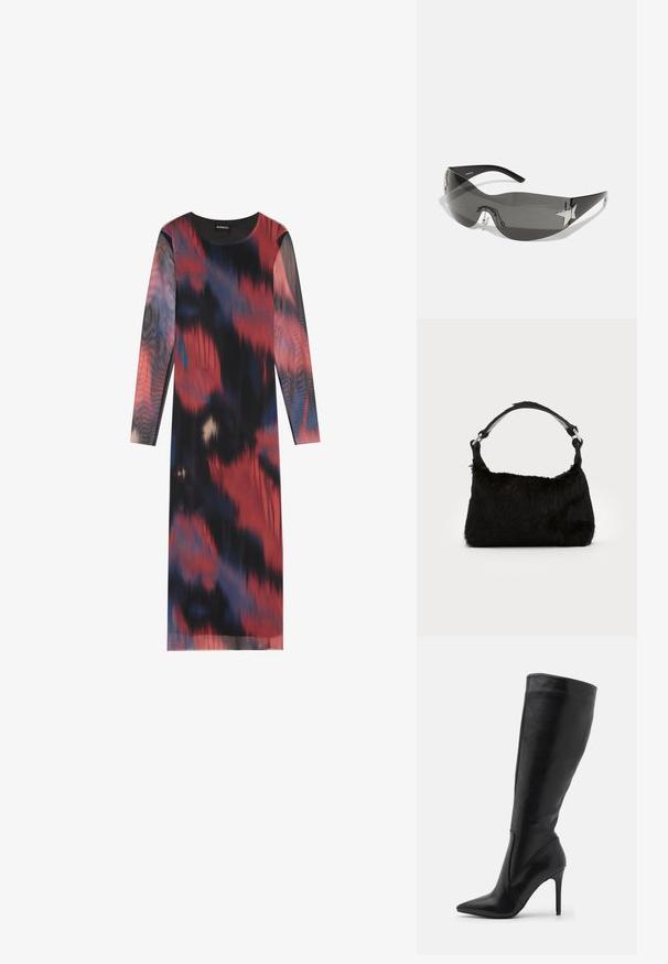 Robe à manches longues avec un motif abstrait multicolore en rouge, noir et bleu. Tissu lisse avec un col rond et une coupe droite.; RAID KIYOMI - Bottes - black; Lunettes de soleil noires avec un design enveloppant, verres teintés foncés, accents brillants en forme d'étoile et plaquettes de nez ajustables.; Sac à main en fausse fourrure noire avec une texture douce, une forme arrondie et une bandoulière en cuir noir robuste. Accent en métal argenté visible.