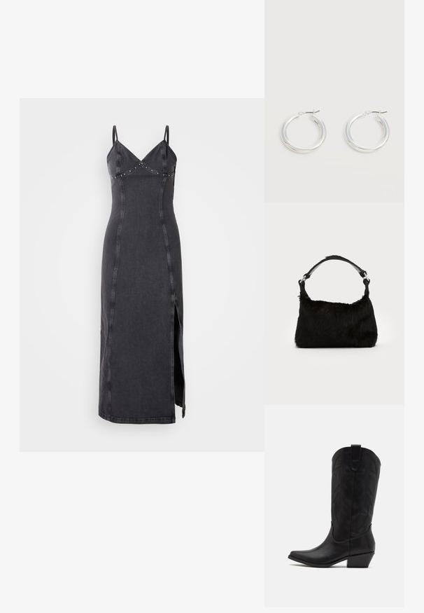 Robe maxi en denim noir avec des bretelles spaghetti, décolleté en V et clous décoratifs le long du buste. Comprend une fente sur le côté et une silhouette ajustée.; Botte de cowboy en cuir noir avec un bout pointu, un talon bas empilé et un motif de feuilles embossé complexe sur la tige. Boucle en haut pour un enfilage facile.; Sac à main en fausse fourrure noire avec une texture douce, une forme arrondie et une bandoulière en cuir noir robuste. Accent en métal argenté visible.; Paire de boucles d'oreilles créoles moyennes argentées brillantes avec de fines attaches métalliques sur un fond clair et neutre.