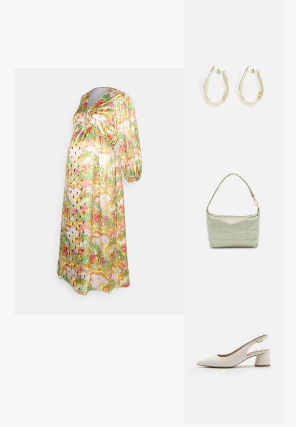 Never Fully Dressed MAMA SUNSET TROPICS ANNIES DRESS - Freizeitkleid - multi-coloured; Weiße Leder Slingback-Pumps mit spitzem Zehenbereich, mittelhohem Blockabsatz und verstellbarem Riemen. Sanfte Textur; minimalistisches Design.; Gepolsterte grüne Schultertasche mit weicher Textur, rechteckiger Form, einem Trageriemen und goldfarbener Reißverschlussöffnung. Verfügt über ein gestepptes Muster.; Goldene Creolenohrringe zeichnen sich durch ein gewundenes, wellenförmiges Design mit glänzender Oberfläche aus. Sie sind mit einem Steckverschluss zum sicheren Tragen ausgestattet.