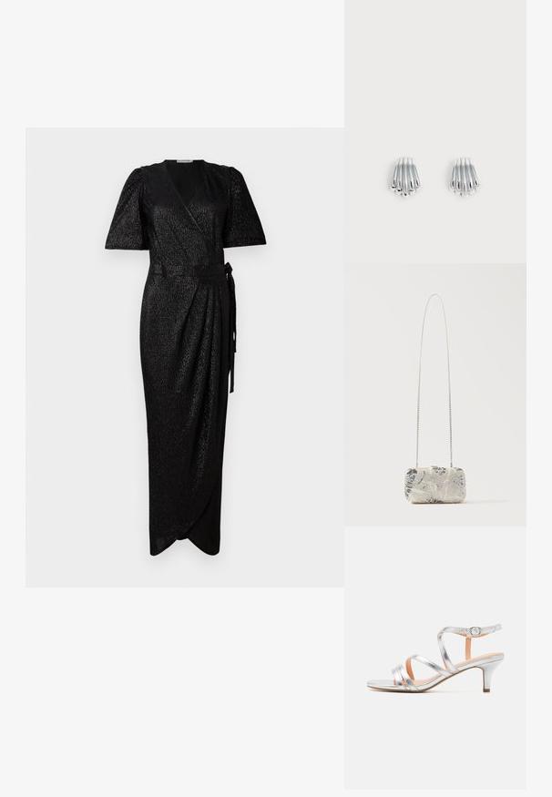 Vestido negro de envoltura hecho de tela texturizada, con mangas cortas abullonadas, un cinturón de lazo en la cintura y una silueta larga y fluida.; Sandalia de tacón bajo con tiras plateadas, textura metálica, correa de tobillo ajustable y diseño de punta abierta. Plantilla lisa.; Clutch rectangular de cuentas plateadas con patrones florales y una larga correa delgada de cadena plateada, exhibido sobre un fondo liso.; Par de pendientes plateados brillantes con diseño de barras curvas y en capas, mostrados sobre un fondo claro y liso.